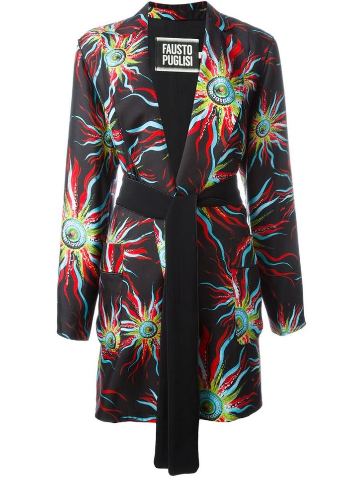 Fausto Puglisi Sun Printed Belted Coat, Women's, Size: 38, Black, Silk/acetate