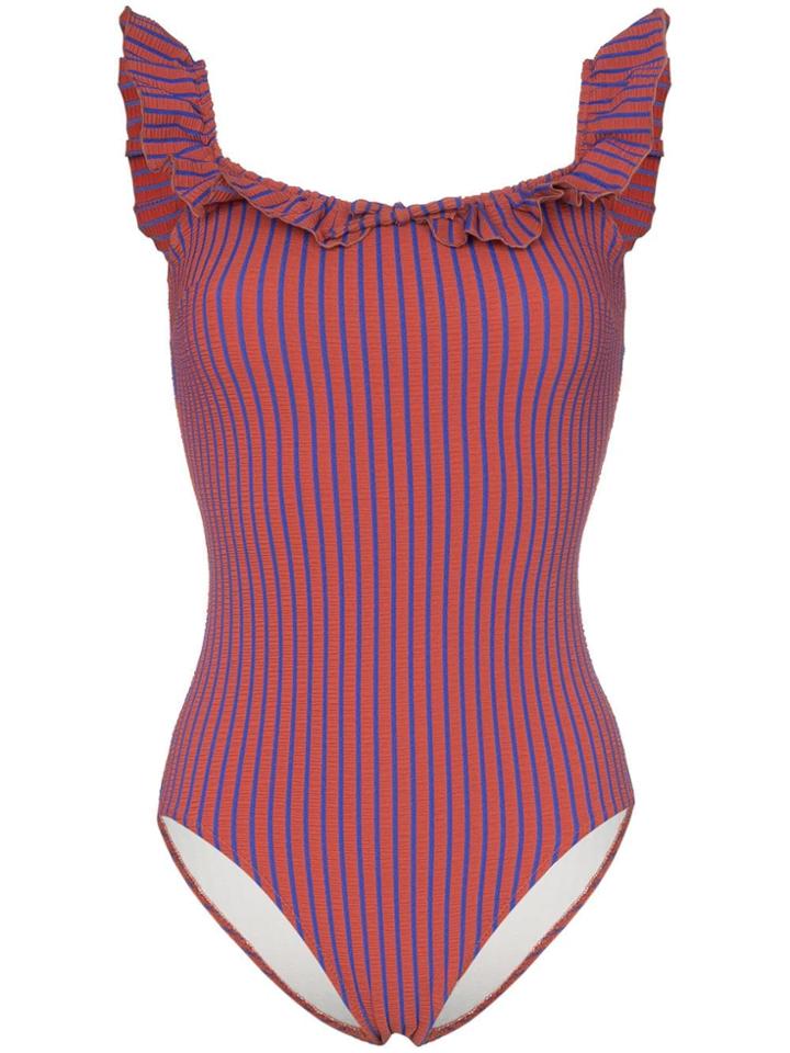 Solid And Striped Off Shoulder Seersucker Swimsuit - Neutrals