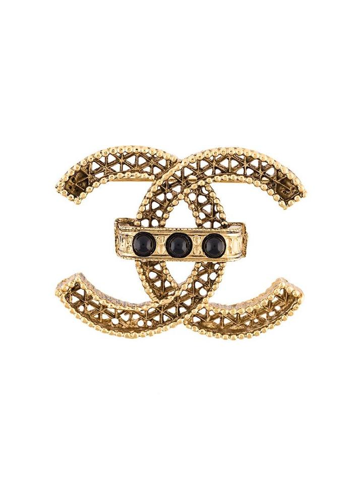 Chanel Vintage Cc Bead Detail Brooch, Women's, Metallic