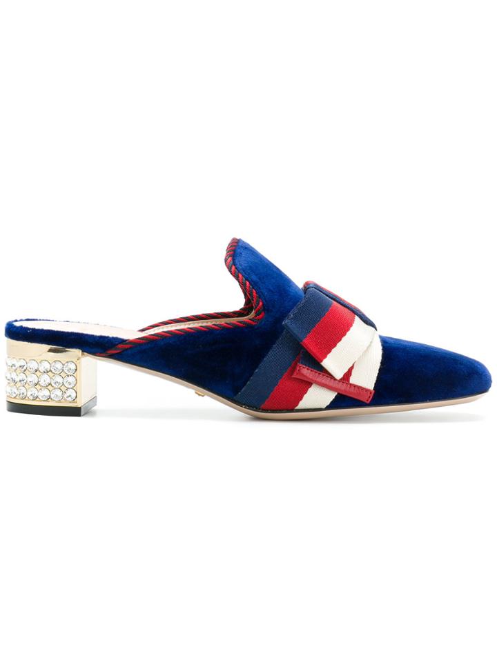 Gucci Gg Web Crystal Heel Mules - Blue