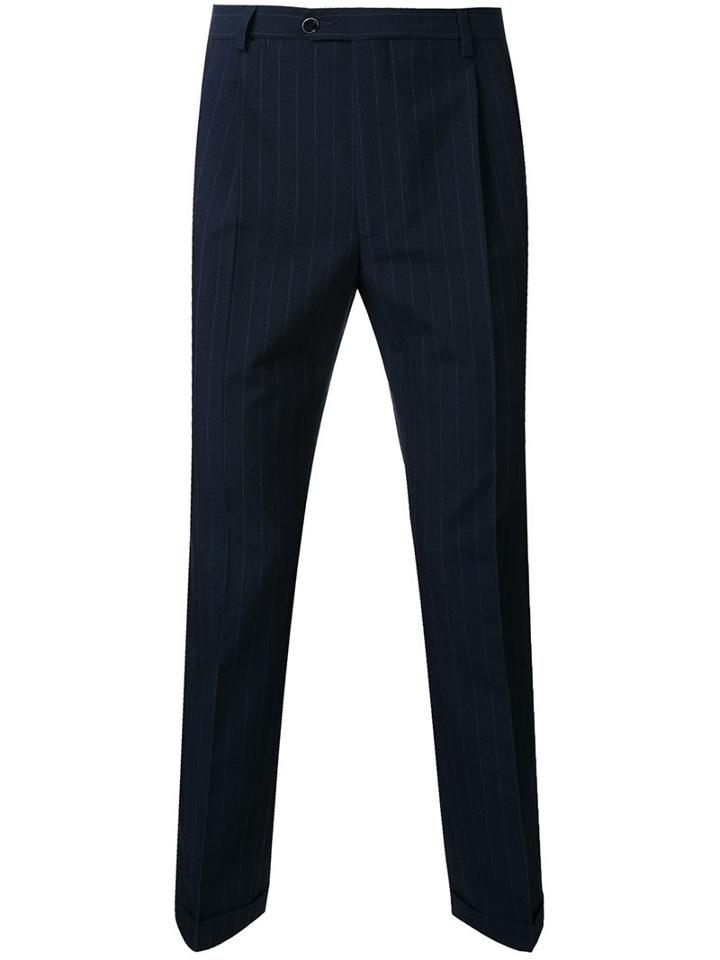 Raf Simons Pinstriped Slim Fit Trousers, Men's, Size: 46, Blue, Virgin Wool