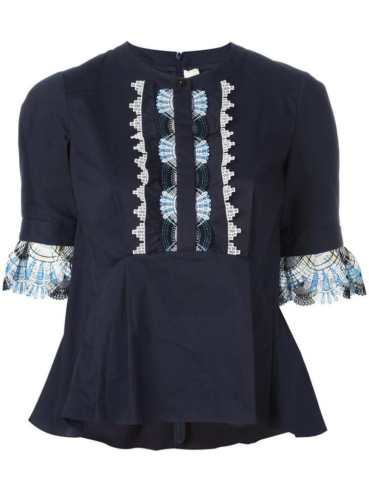 Peter Pilotto Ruffled Shortsleeved Blouse, Women's, Size: 10, Blue, Cotton/polyamide/spandex/elastane/polyester