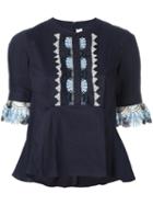 Peter Pilotto Ruffled Shortsleeved Blouse, Women's, Size: 10, Blue, Cotton/polyamide/spandex/elastane/polyester