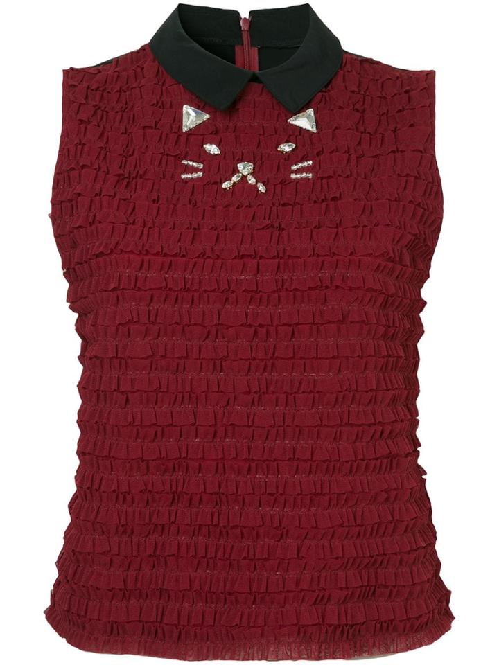 Tu Es Mon Trésor Cat Mesh Frill Top - Red