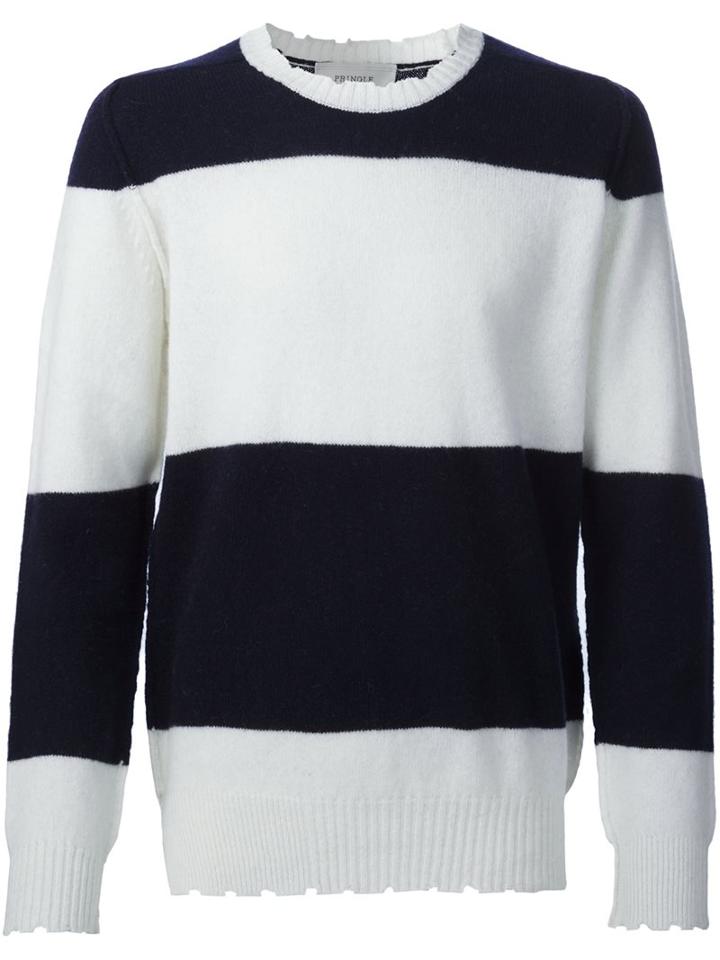 Pringle Of Scotland Distressed Striped Jumper, Men's, Size: Medium, White, Lambs Wool