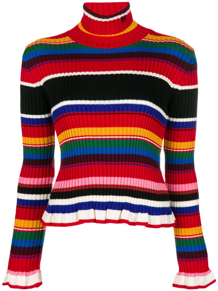 Msgm Ruffled Striped Rollneck Jumper - Red