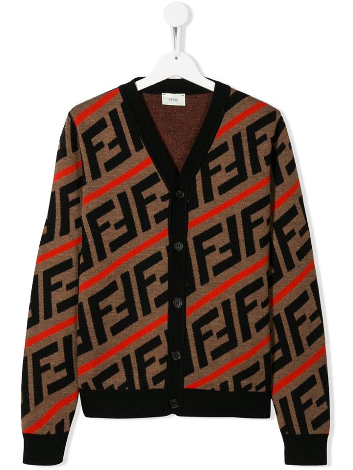 Fendi Kids Ff Logo Stripe Cardigan - Brown