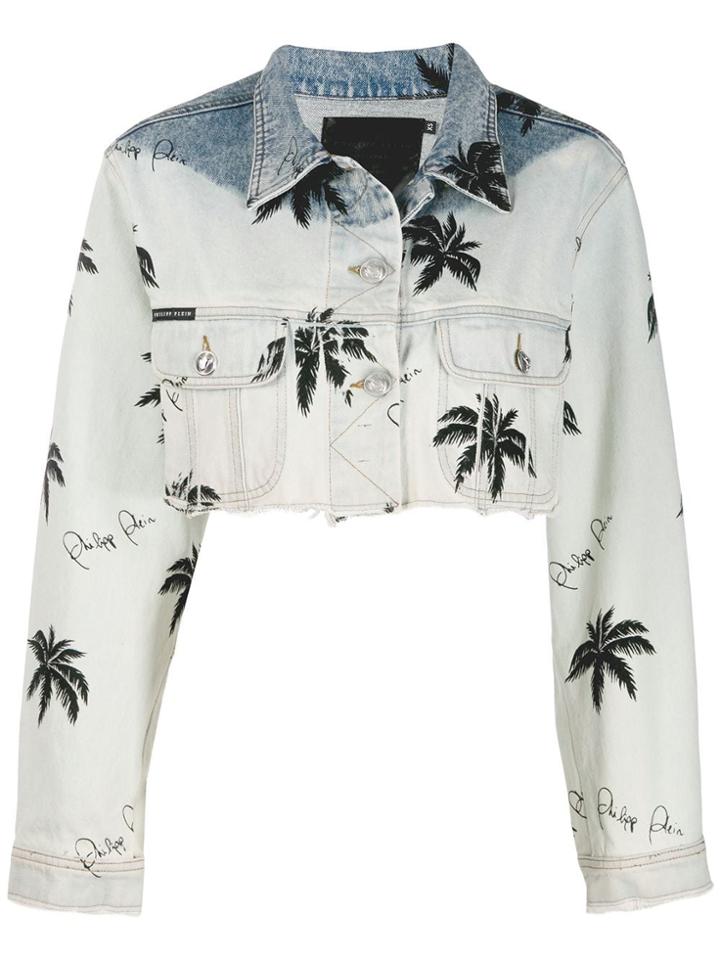 Philipp Plein Paradise Print Cropped Denim Jacket - Blue