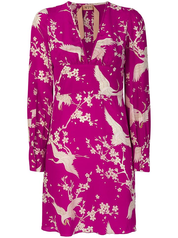 No21 Crane Print Dress - Pink & Purple