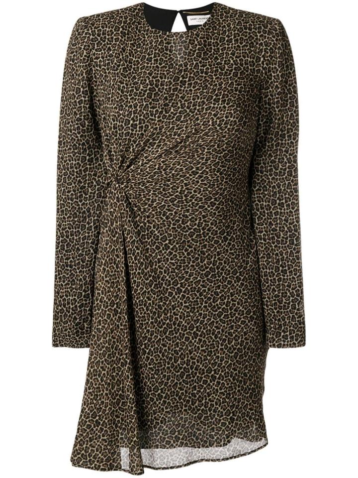 Saint Laurent Leopard Print Ruched Dress - Brown