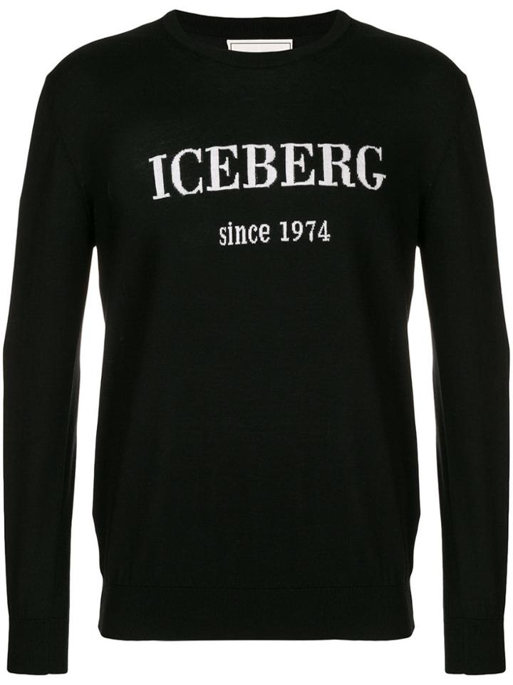 Iceberg Logo Print Crew Neck Jumper - Black