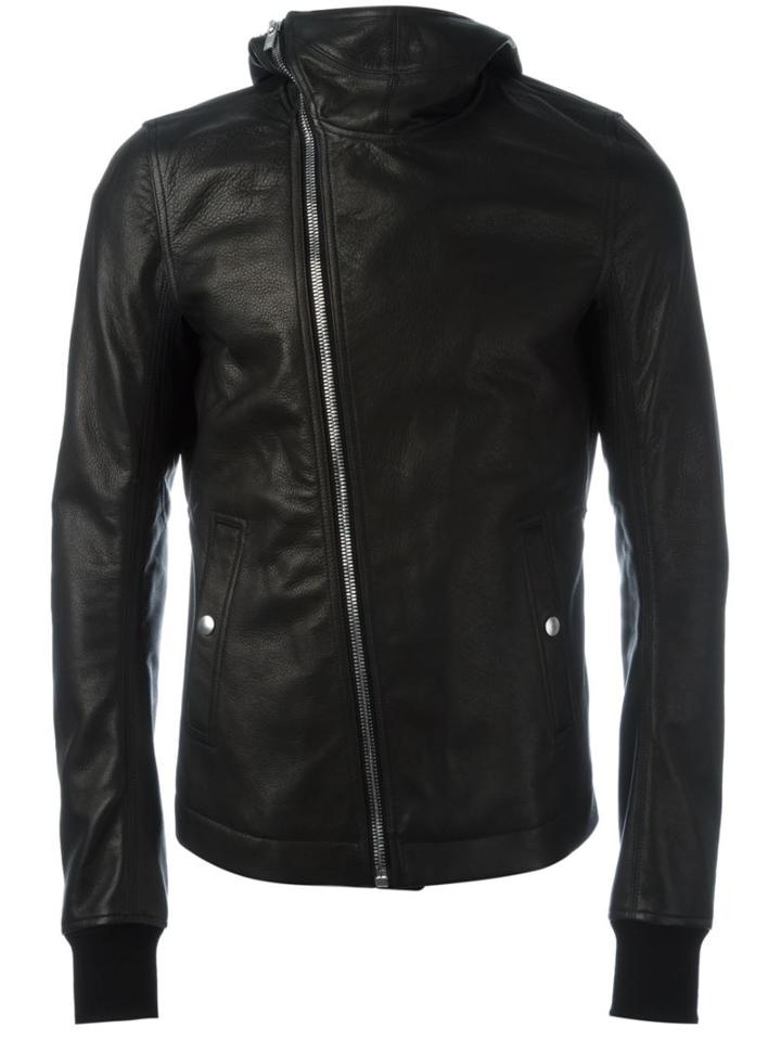 Rick Owens Hooded Leather Jacket, Men's, Size: 48, Black, Cotton/calf Leather/cupro/virgin Wool
