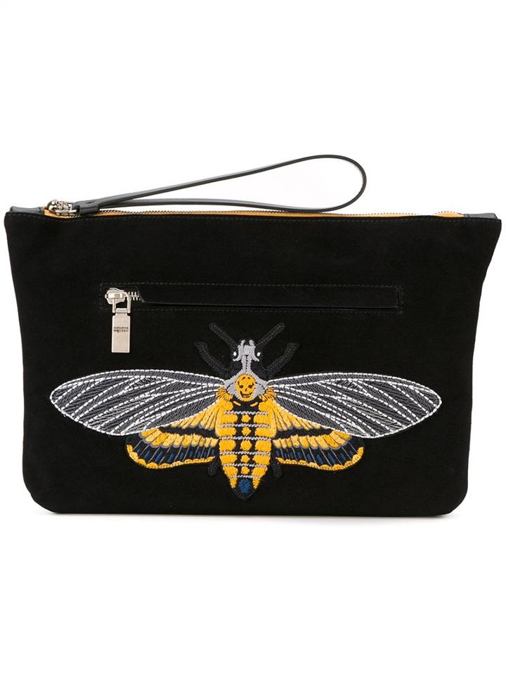 Alexander Mcqueen Skull Bee Embroidered Clutch, Men's, Black, Suede/cotton/leather