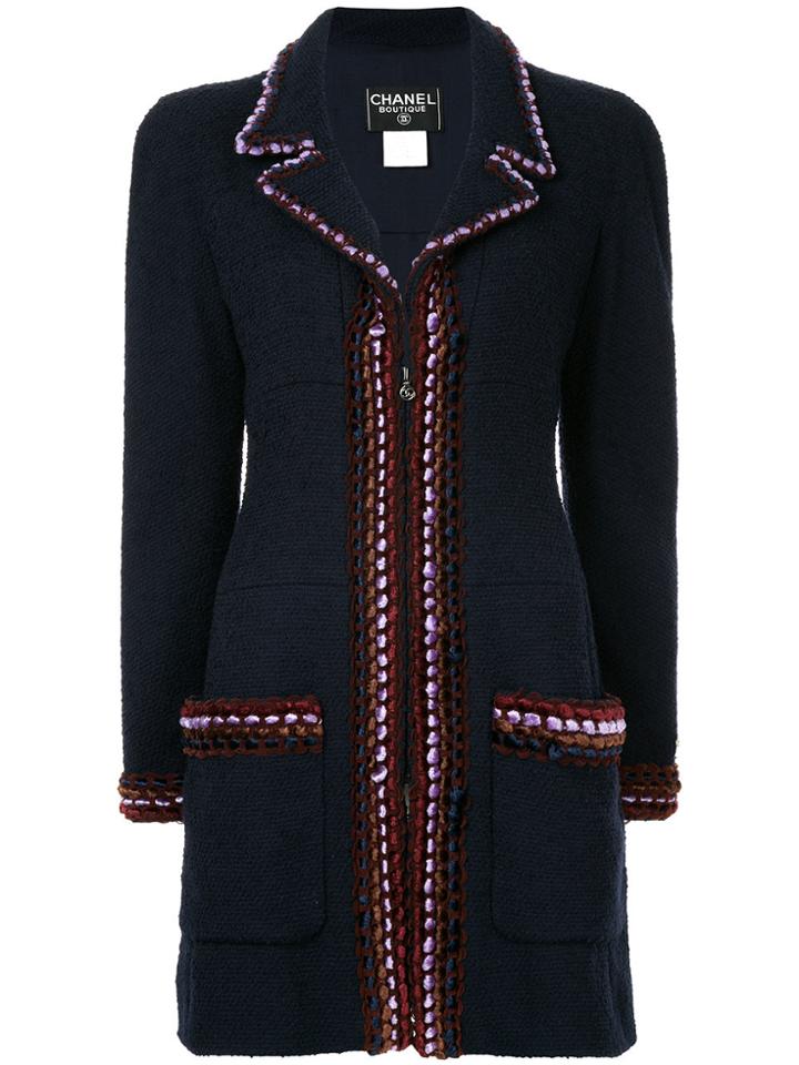 Chanel Vintage Embroidered Trimming Slim Coat - Blue