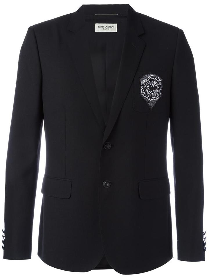 Saint Laurent Contrast Patch Blazer, Men's, Size: 48, Black, Virgin Wool/cotton/silk