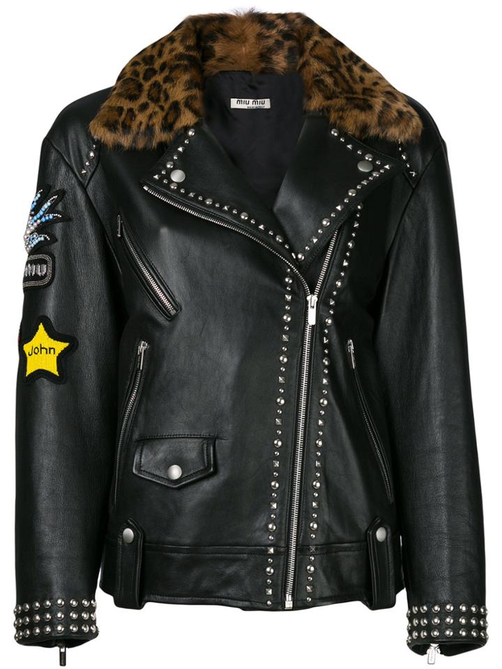 Miu Miu Embroidered Leather Jacket - Black