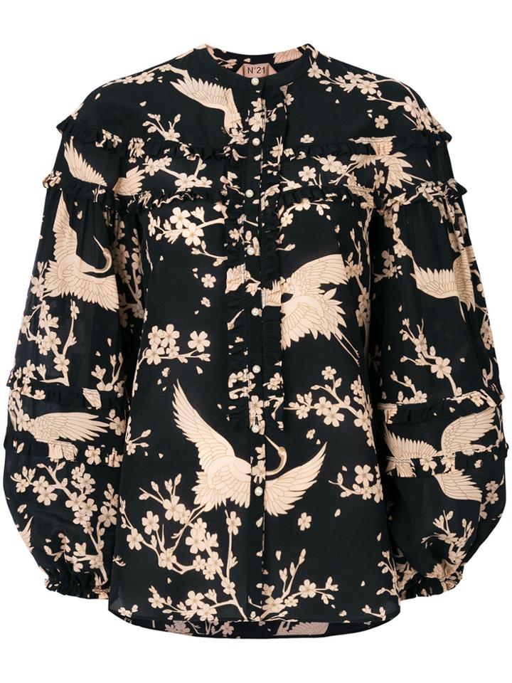 No21 Bird Print Ruffle Blouse - Black