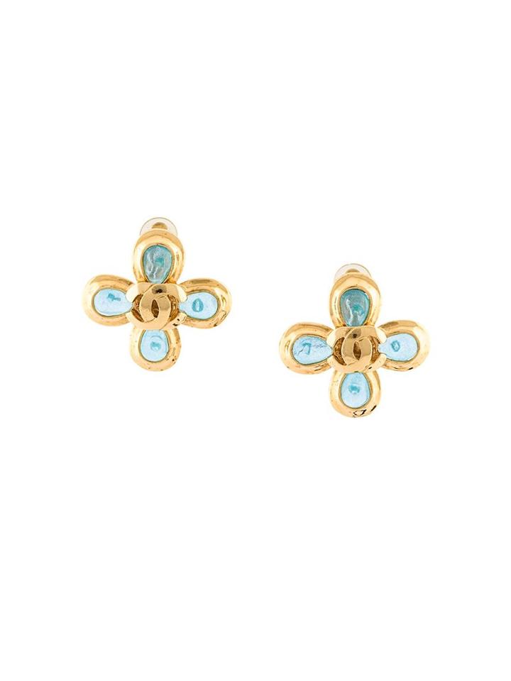 Chanel Vintage Clover Clip-on Earrings, Women's, Blue