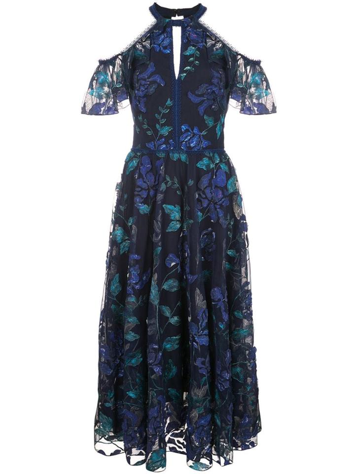 Marchesa Notte Floral Cold Shoulder Dress - Blue