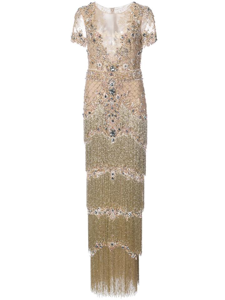 Marchesa Bead Embroidery Fringed Gown - Metallic