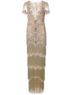 Marchesa Bead Embroidery Fringed Gown - Metallic