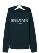 Balmain Kids Teen Logo Print Hooded T-shirt - Blue