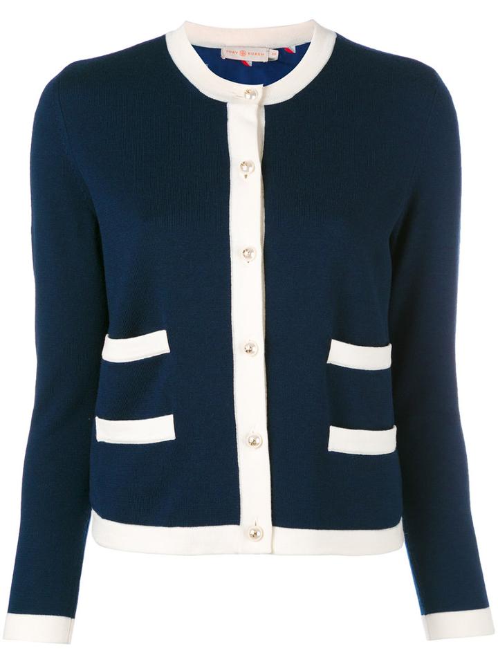 Tory Burch Contrast Trim Cardigan, Women's, Size: Small, Blue, Silk/merino