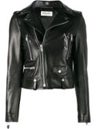 Saint Laurent Glitter Logo Biker Jacket, Women's, Size: 38, Black, Lamb Skin/cupro/cotton/polyester