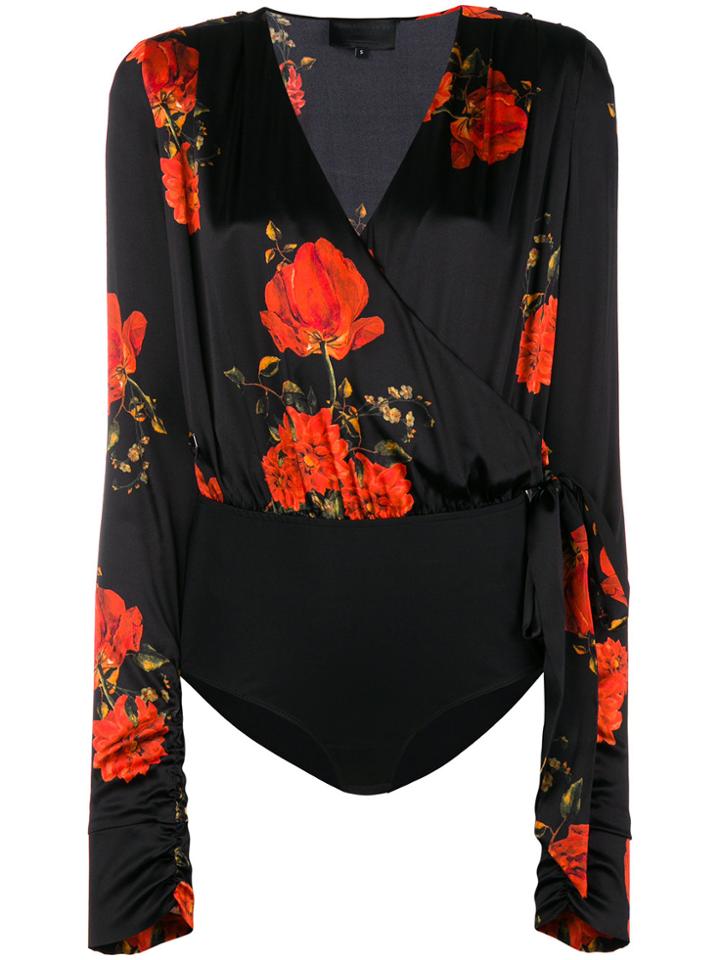 Philipp Plein Floral Printed Wrap Bodysuit - Black