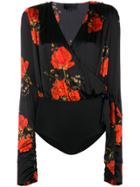 Philipp Plein Floral Printed Wrap Bodysuit - Black