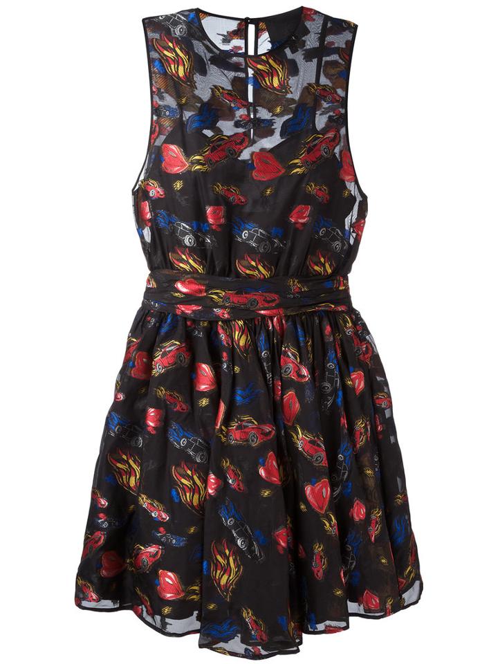 Philipp Plein Car Patches Flared Dress, Women's, Size: Large, Black, Silk/polyester/acetate/polyester