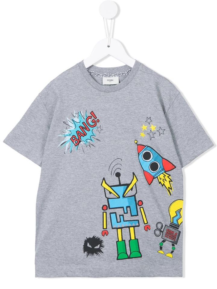 Fendi Kids Robot Print T-shirt, Boy's, Size: 12 Yrs, Grey
