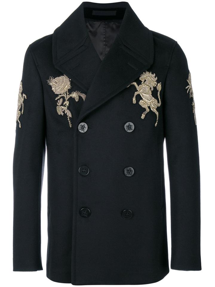 Alexander Mcqueen Embroidered Peacoat - Black
