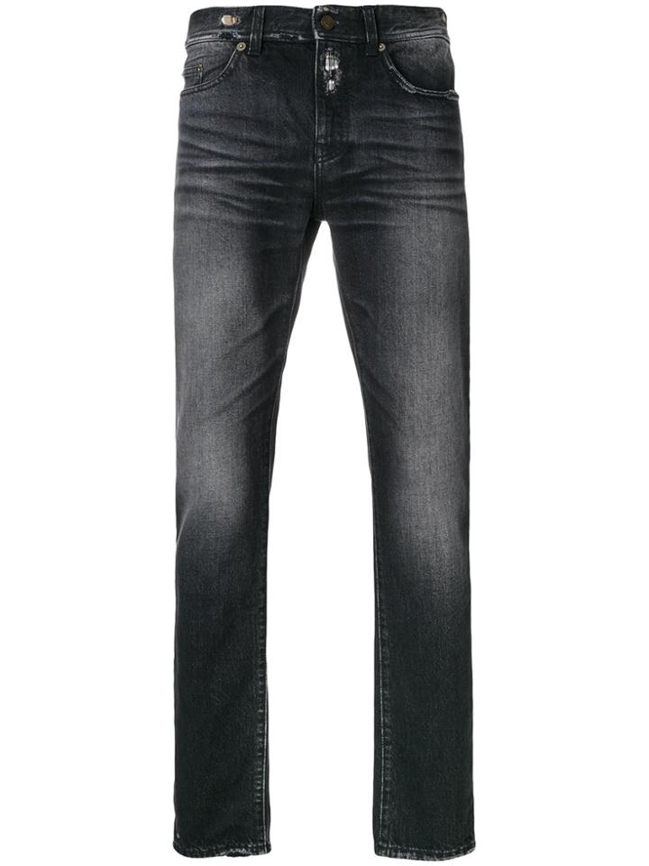 Saint Laurent Distressed Trim Slim Fit Jeans - Black