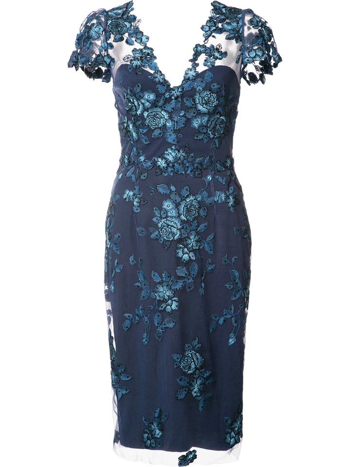 Marchesa Notte Floral Lace Midi Dress, Women's, Size: 8, Blue, Nylon