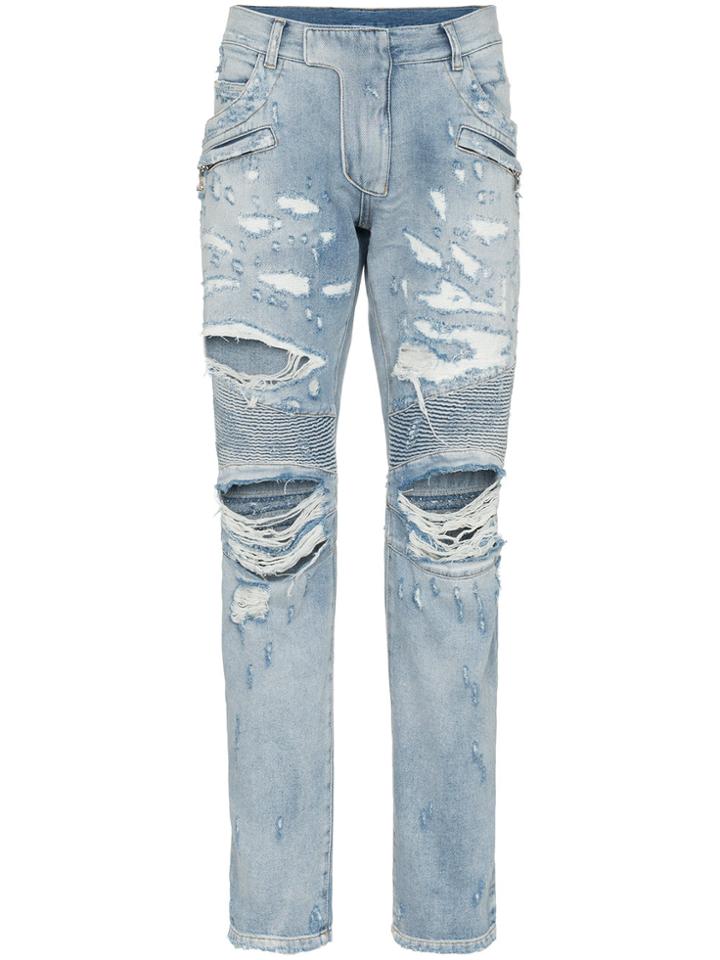 Balmain Slim Ripped Biker Jeans - Blue