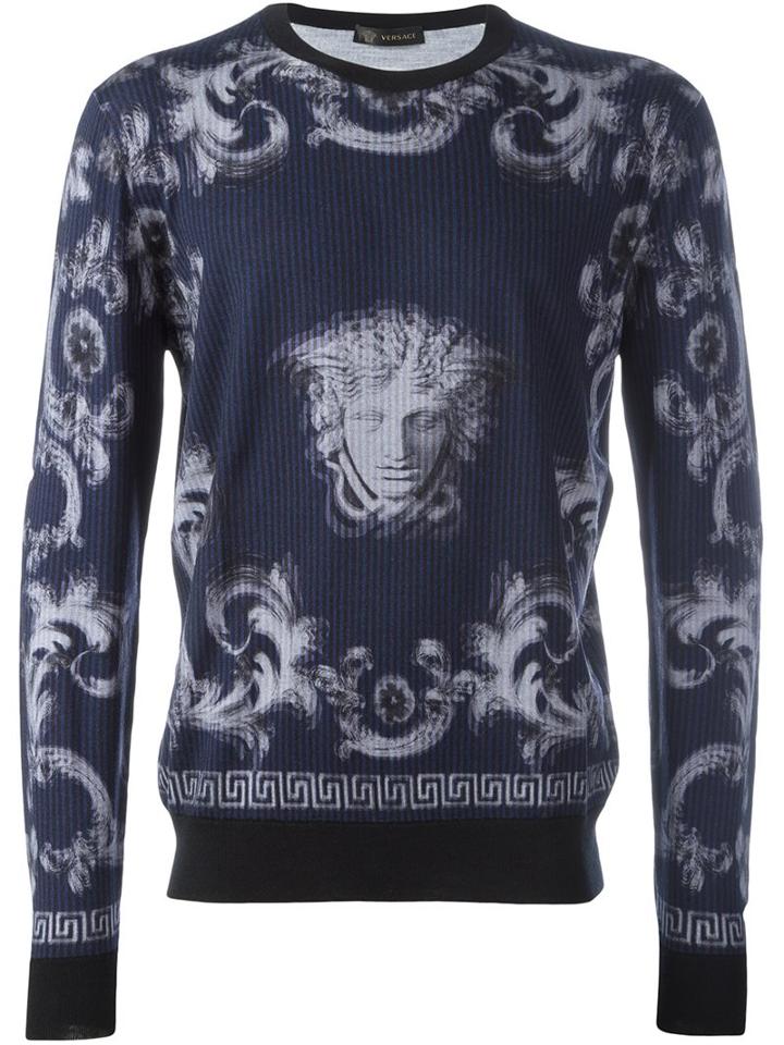 Versace 'lenticular Foulard' Jumper, Men's, Size: 54, Blue, Silk/wool