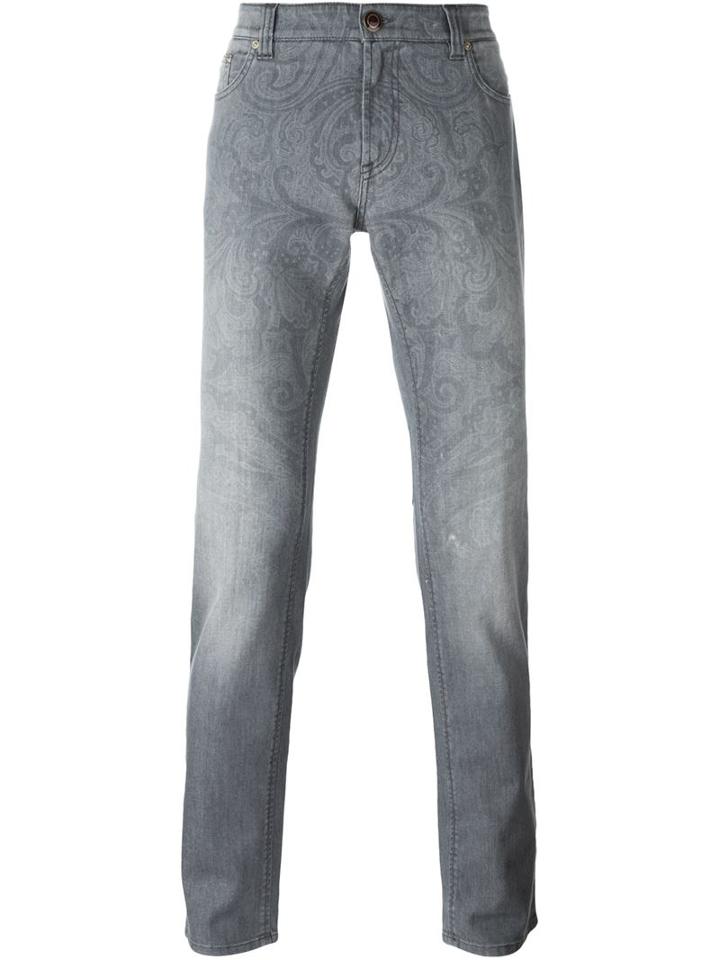 Etro Paisley Print Slim Jeans, Men's, Size: 31, Grey, Cotton/spandex/elastane