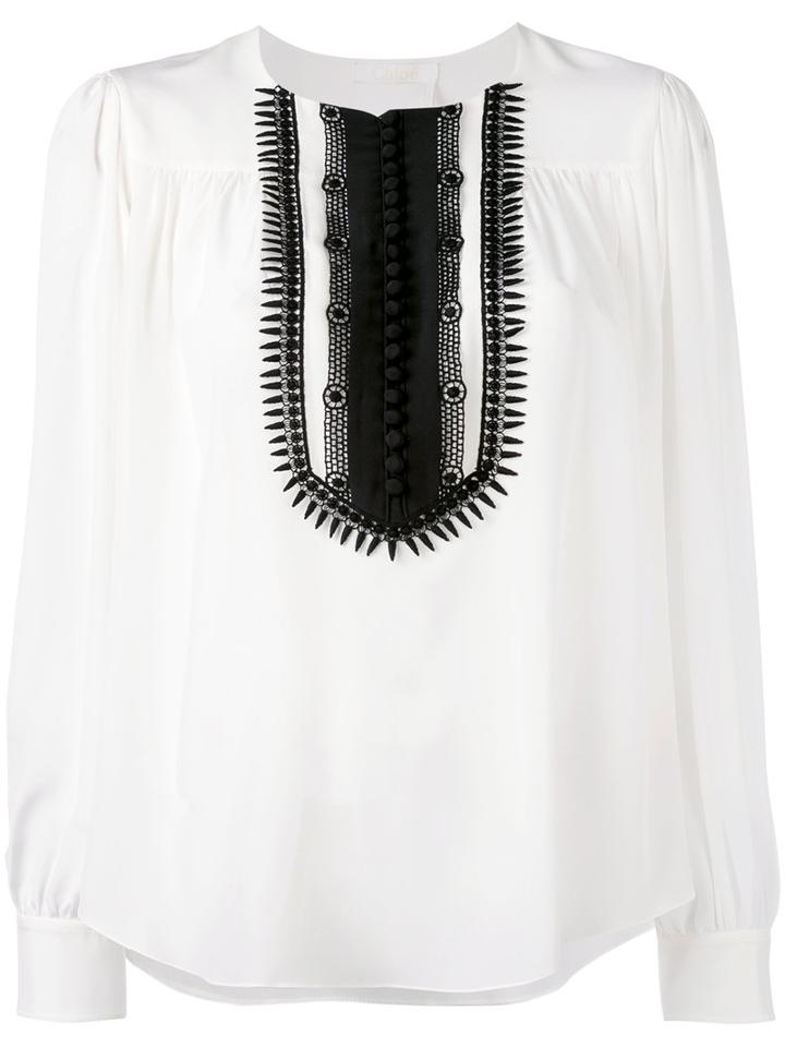 Chloé - Contrast Bib Blouse - Women - Silk/cotton/polyester - 34, White, Silk/cotton/polyester