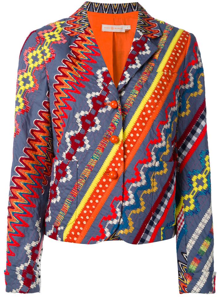 Tory Burch - Embroidered Blazer - Women - Cotton/acrylic/polyester/other Fibres - 6, Blue, Cotton/acrylic/polyester/other Fibres