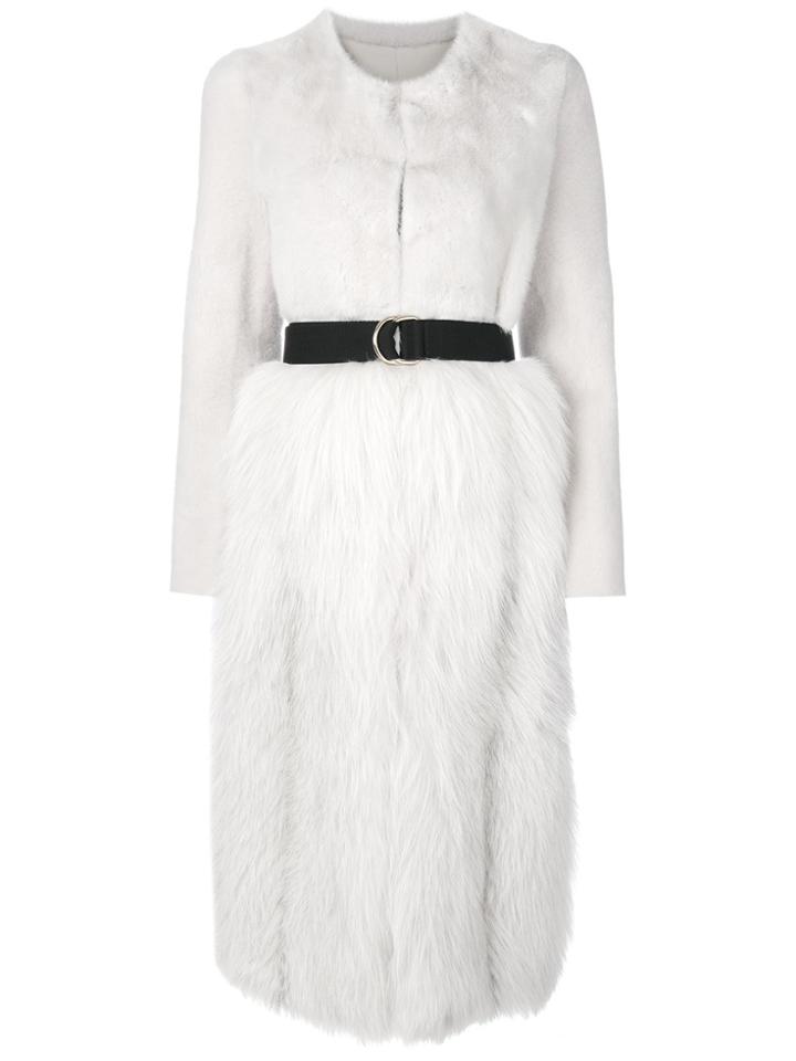 Blancha Belted Long Fur Coat - White