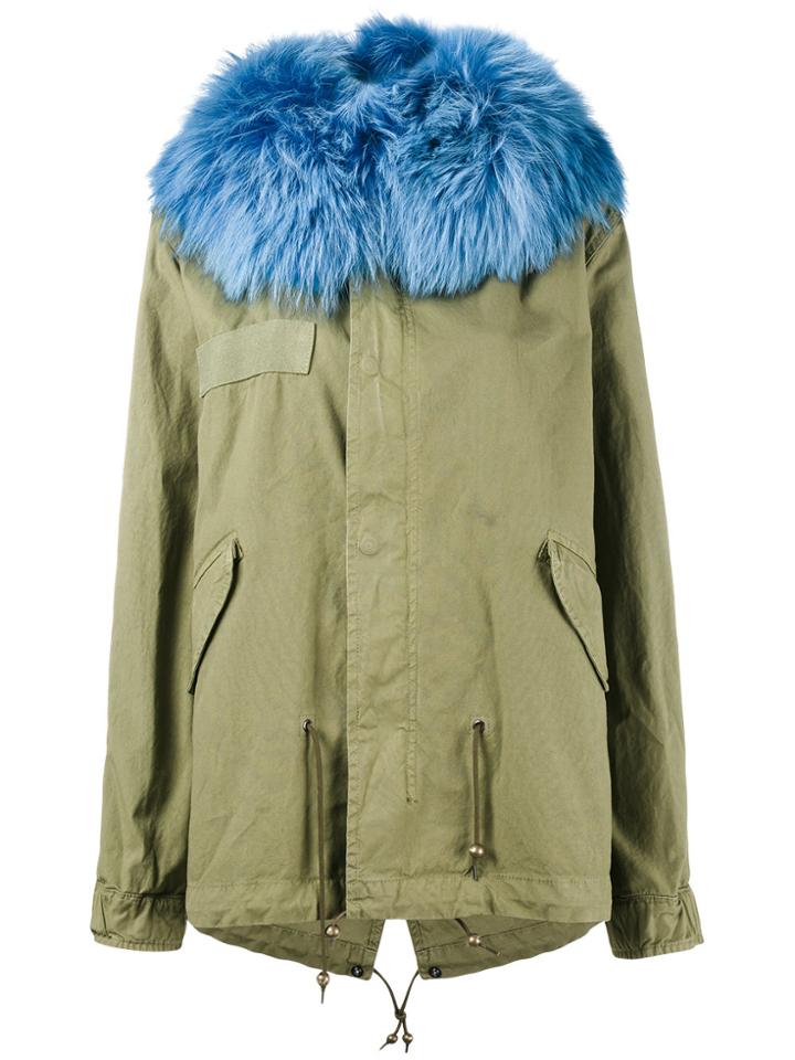 Mr & Mrs Italy Blue Raccoon Fur Trimmed Parka Jacket - Green