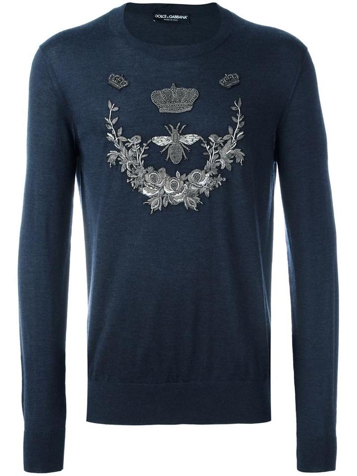 Dolce & Gabbana Crown And Bee Jumper, Men's, Size: 46, Blue, Silk/plastic/polyester/glass