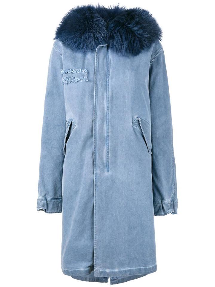 Mr & Mrs Italy Raccoon Fur Hood Unlined Parka, Women's, Size: Xs, Blue, Cotton/spandex/elastane/racoon Fur