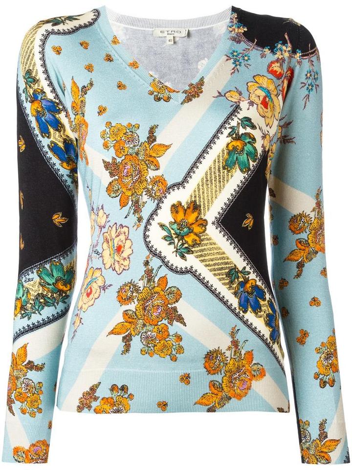 Etro Floral Print Blouse, Women's, Size: 40, Blue, Silk/spandex/elastane