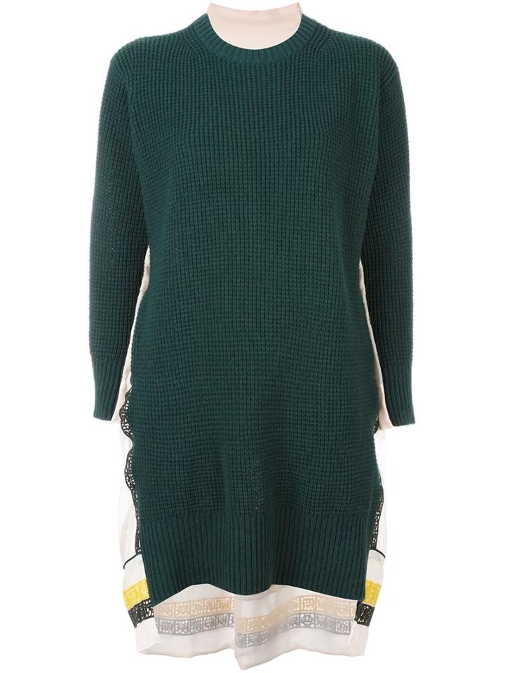 Sacai Calligraphy Embroidered Knitted Dress, Women's, Size: 2, Green, Cotton/polyester/cupro/wool