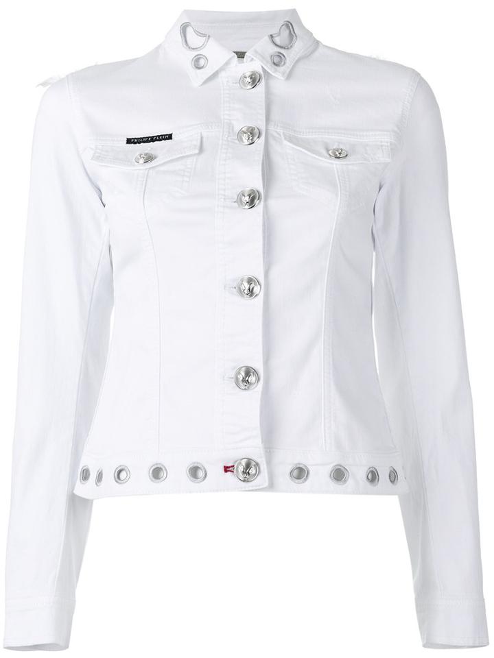 Philipp Plein Embroidered Denim Jacket, Women's, Size: Medium, White, Cotton/spandex/elastane/feather/pvc