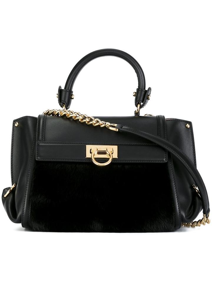 Salvatore Ferragamo 'sofia' Tote, Women's, Black, Calf Leather/mink Fur