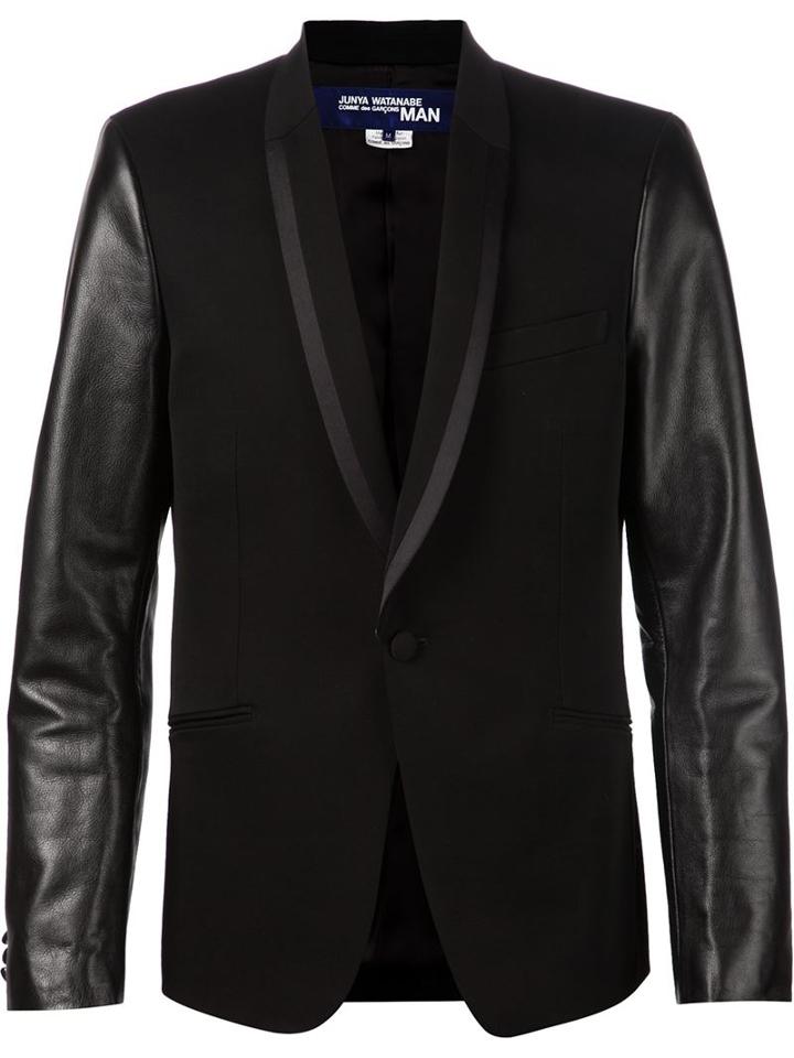 Junya Watanabe Comme Des Garçons Man Leather Sleeve Tuxedo Blazer, Men's, Size: Large, Black, Leather/acrylic/wool