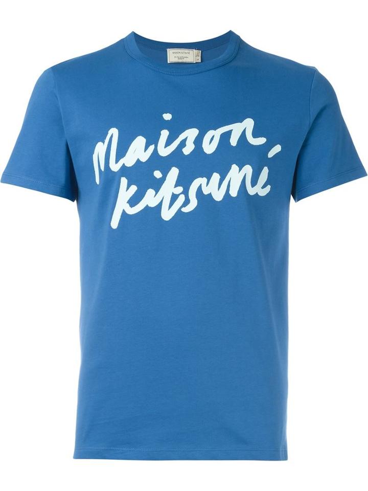 Maison Kitsuné Logo Print T-shirt, Men's, Size: Small, Blue, Cotton